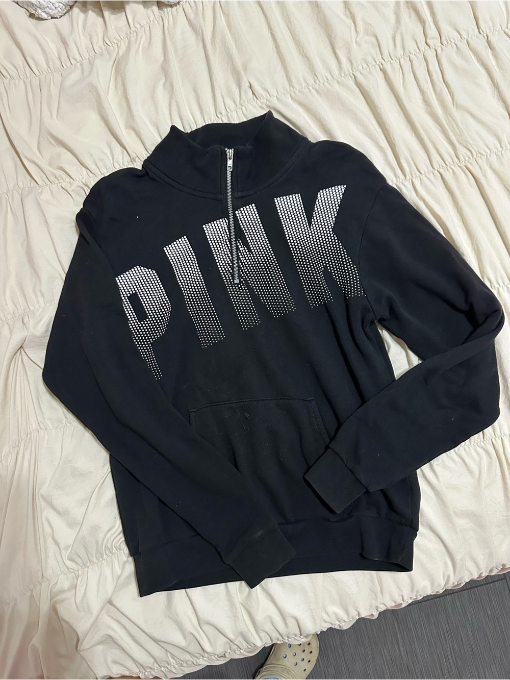 PINK Victoria's Secret Black Half-Zip Rhinestone Logo Sweatshirt
